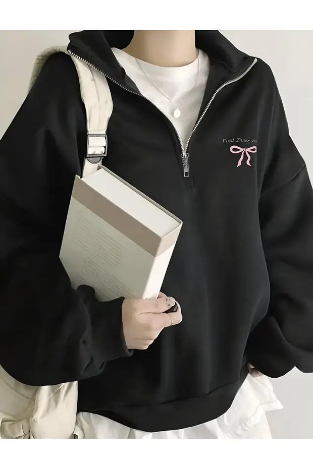 Fiyonk Baskılı Siyah Dik Yaka Yarım Fermuarlı Sweatshirt